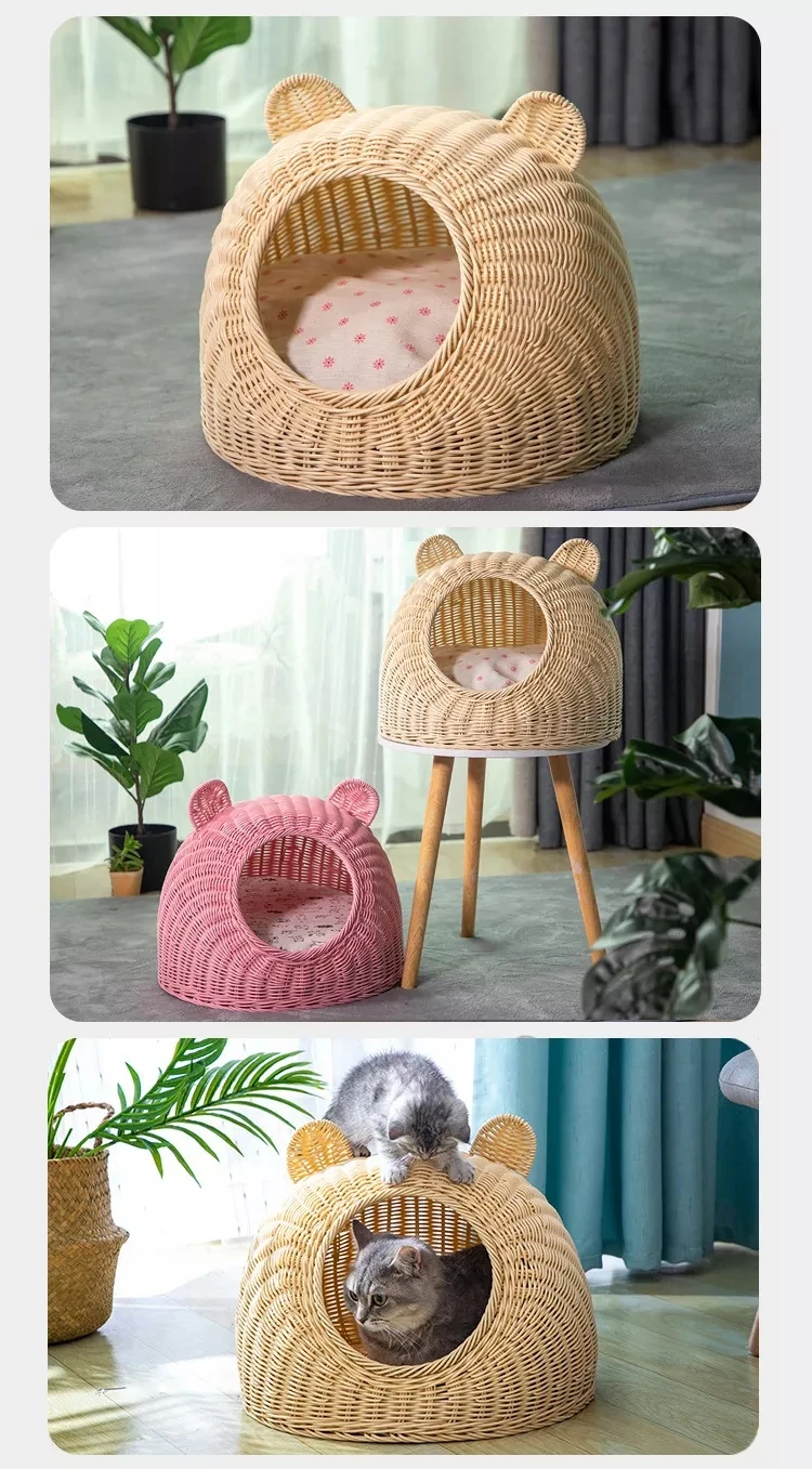 Cute Cat Cave Pet Bed House Wholesale Natural Hand Woven Blue And Pink