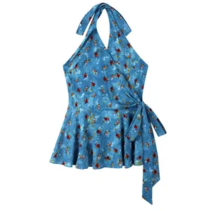 Summer Beach Holiday Style Casual Eco-Friendly Breathable Skinny Fit Floral Halter Top Women Tie-wrap Tank Top Ruffles Design