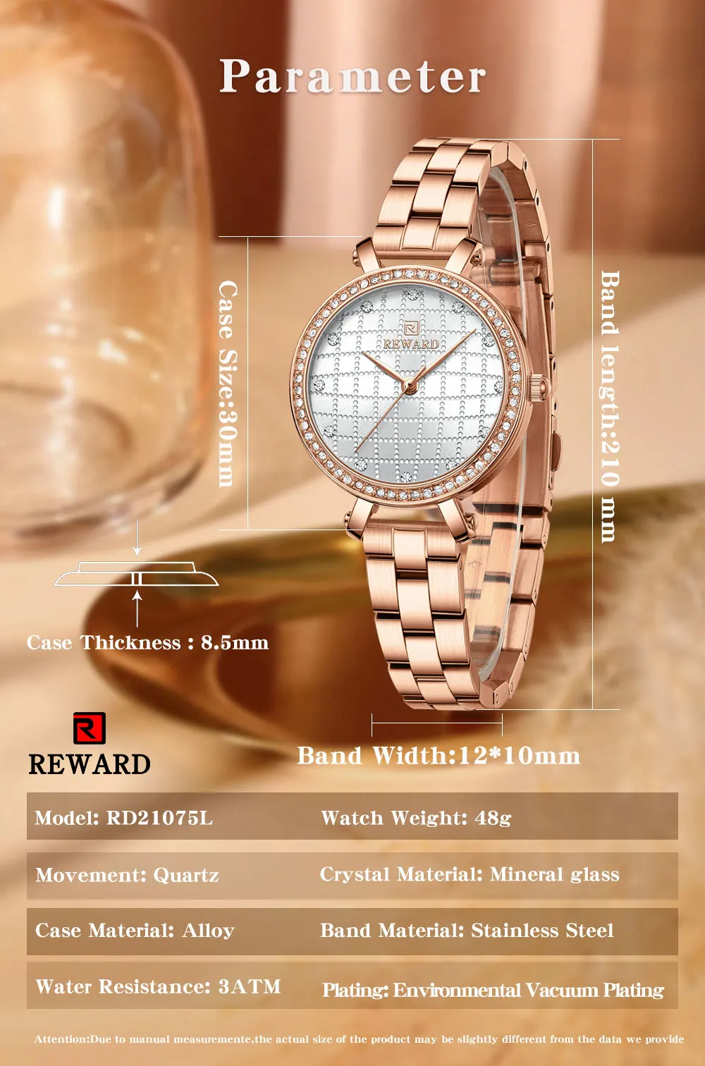 REWARD Watch for Women Wrist Watches Top Brand Quartz Movement Grid Dial Clock Stainless Steel Wristwatches