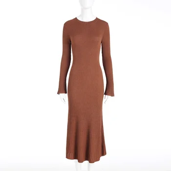 Knitwear manufacturers custom brown round necked long sleeved ribbed knitted luxury women's sweater dress