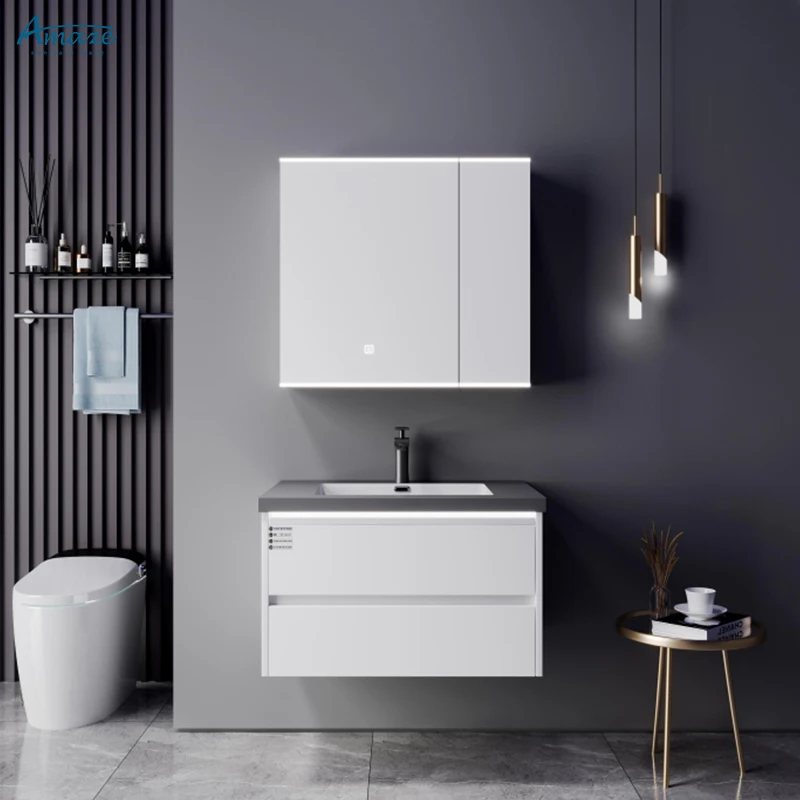 Modern solid wood bathroom furniture wall mounted double deck bathroom cabinet vanity with sink manufacture