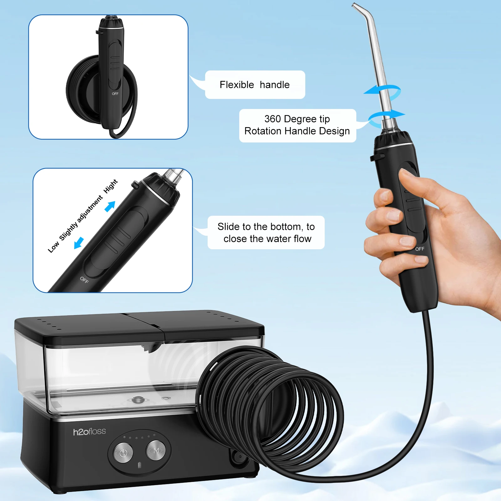 H2ofloss HF-3 Pro Countertop Water Flosser with 425ml Water Tank 50-150 PSI Water Pressure and 2500mAh Battery