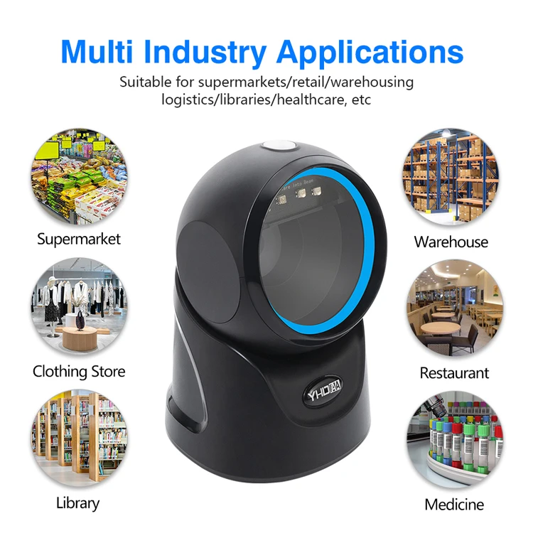 High Speed 360 Degree Auto Sense Scanning Barcode Reader USB 2D CMOS Qr Code Desktop Barcode Scanner for Supermarket