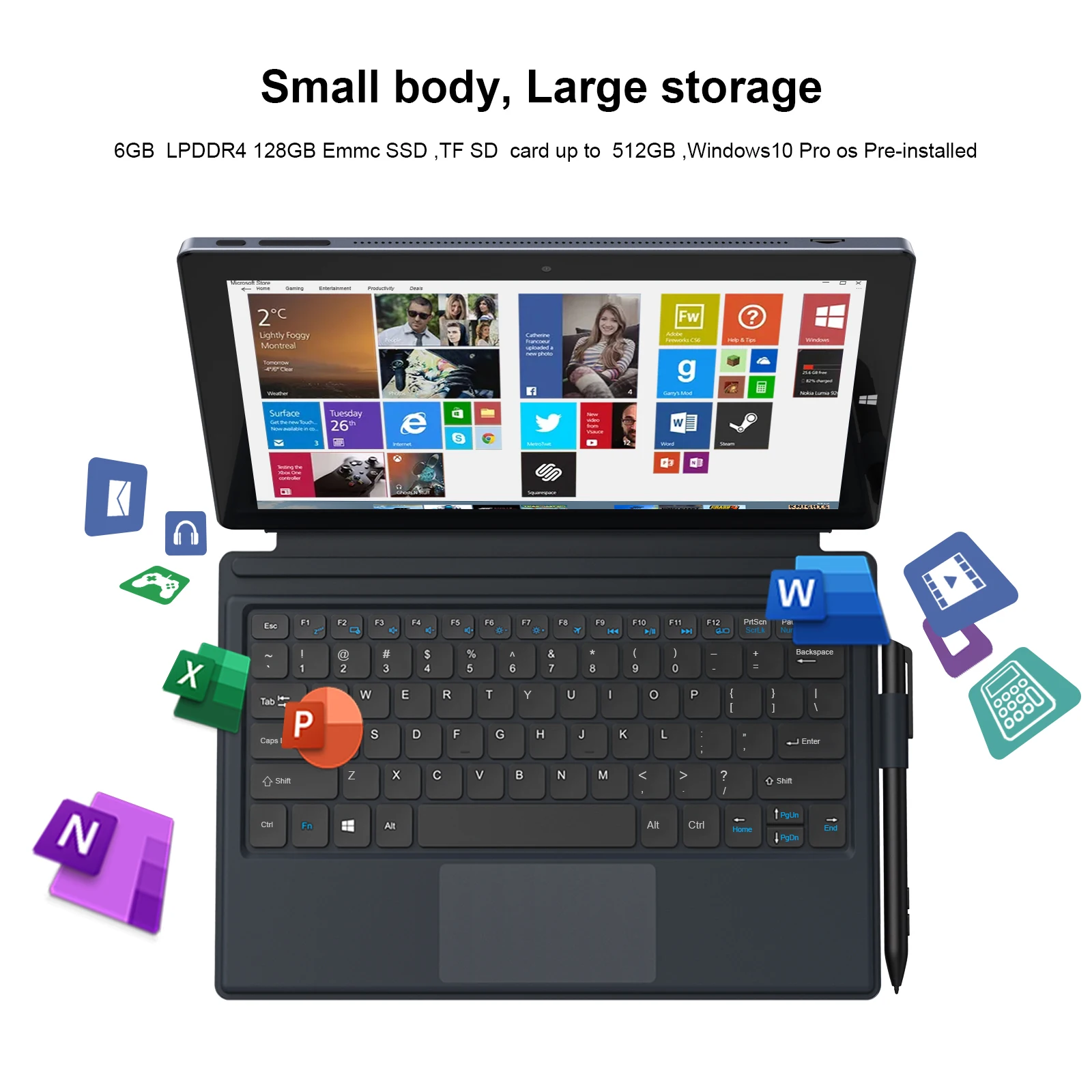 Image of laptop computer showcasing computer specs. 8GB of memory, 128GB of storage, SD card up to 512GB can be added, and windows 10 is pre installed for our 10 inch windows tablets