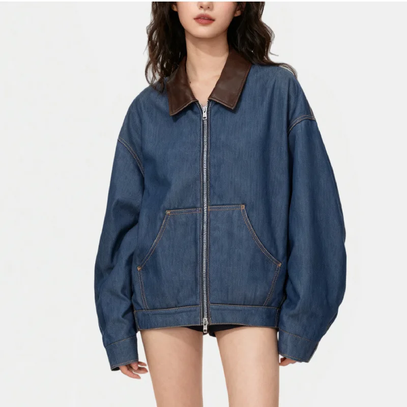 Fall/Winter New Elegant Medium Wash Denim Jacket Unisex Oversize Short Loose Fit