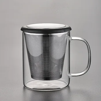 Modern Design High Borosilicate Glass Tea Cup with Handle Water Separation Flower Feature Thickened Office Cup for Men Women