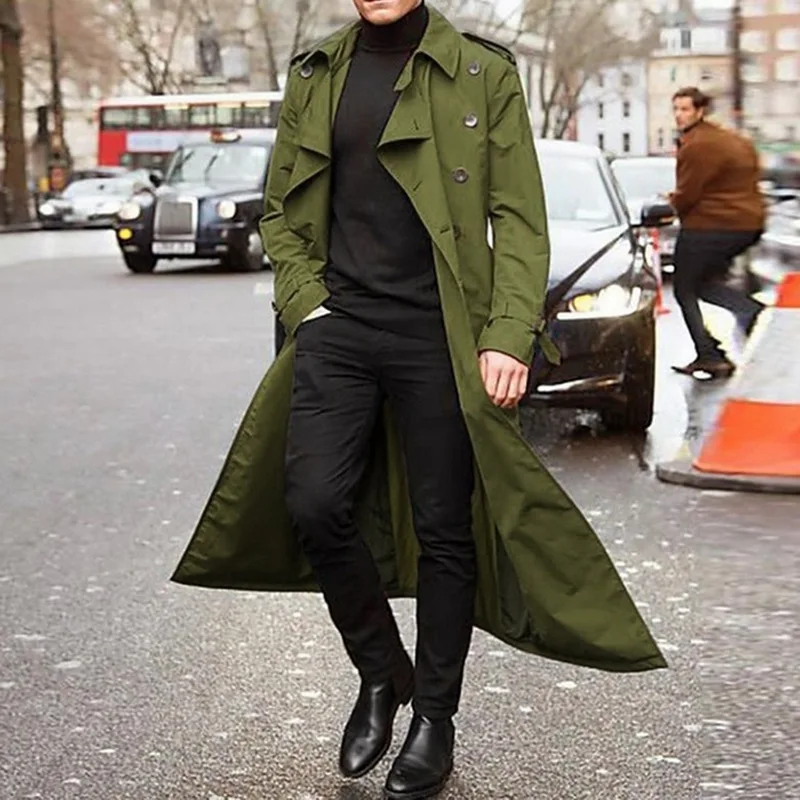 Men's Long Slim Trench Coat - Double-Breasted Lapel