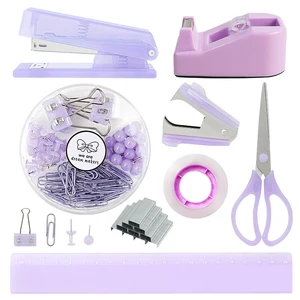 New Stock for Cross-Border Purple Self-Adhesive Stationery Set Includes Stapler Tape Scissors Holder Nail Remover