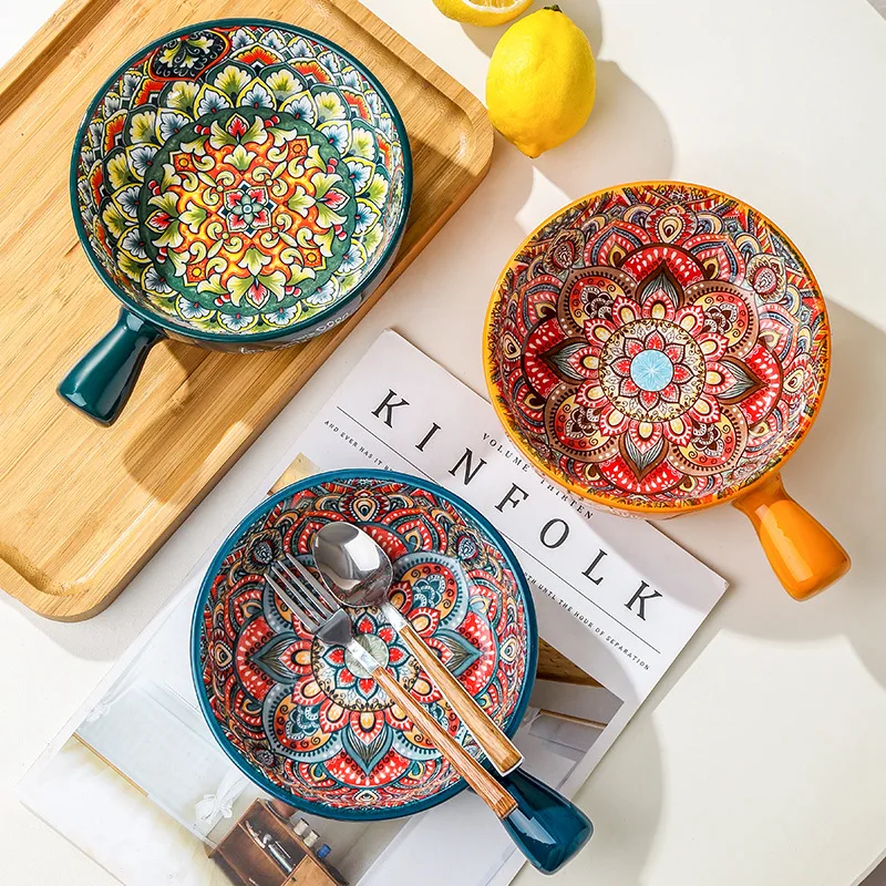 Wholesale Durable Bohemian Ceramic Single Handle Bowl Creative Relief Handle Bowl Colorful Ceramic Dinnerware Set