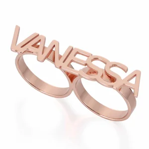 Custom Name Letter Two Fingers Ring Gold Plated Eco Brass Fashion Jewelry for Men Women Classic Party Rings
