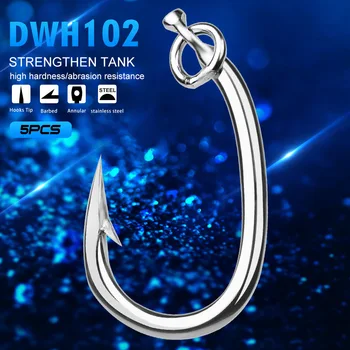 CHEERY 5pcs/bag Stainless Steel Bass Fishing Hook Big Game Freshwater Barb Hook with Ring 10/0-16/0 – Hooks – view 5