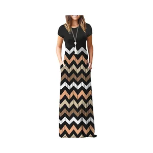 Women's Summer Casual Floor-Length Maxi Dress Short Sleeve Loose Fit Anti-Static Front Pockets Digital Printing Natural Waist