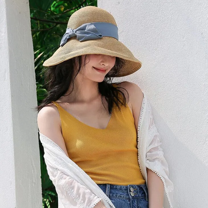 New Design Women's Y2K Bow Decoration Soft Straw Bucket Beach Hat Summer Sun Protection Outdoor Casual Travel UV Protection_voghion.com