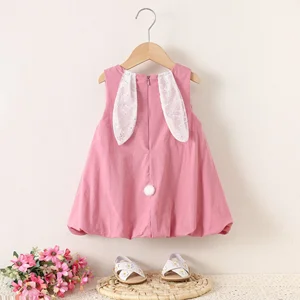 Summer Casual Cute Girls Baby Princess Dress New Long-Eared Cotton Lace Decoration Solid Eco-friendly Dresses for Girls