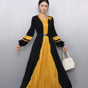 Women's Plus Size Yellow Black O-Neck Pleated Plain Dyed Maxi Dress Long Sleeve Belted Casual ODM