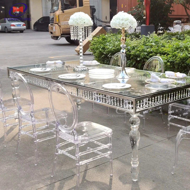 Transparency Rectangular Stainless Steel Frame Wedding Acrylic Banquet clear Dining Table with Leg for Wedding