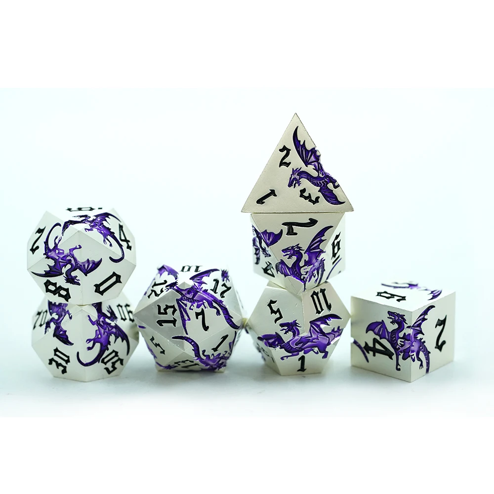 D&d 7'li Beyaz ve Mor Ejder RPG Oyun Zar Seti Masaüstü Oyunları için Polihedral Şekilde