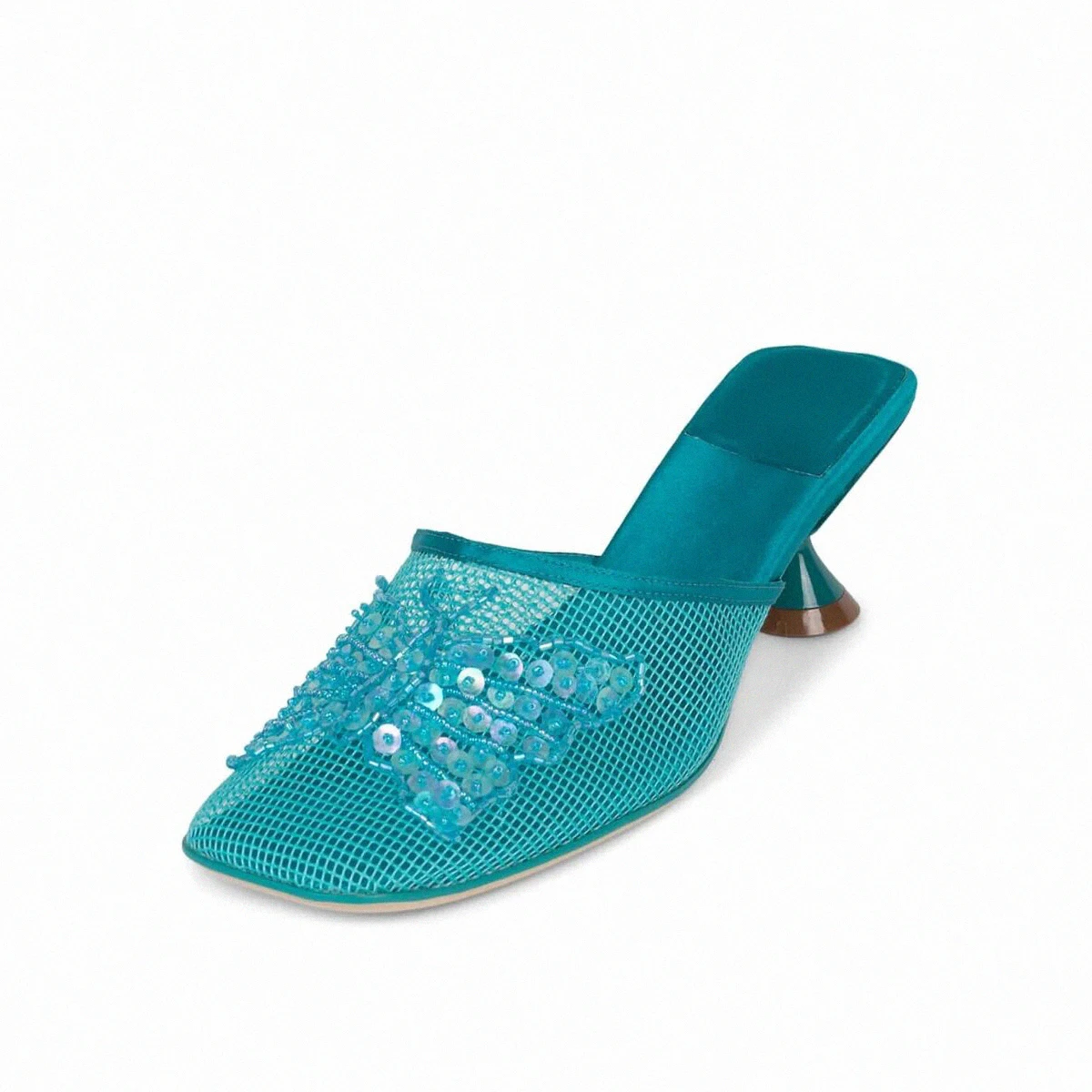 Custom Popular Brand Slide Sandals Mesh Heel Slippers Femmes Beads Sequin Butterfly 6cm Heeled Mules