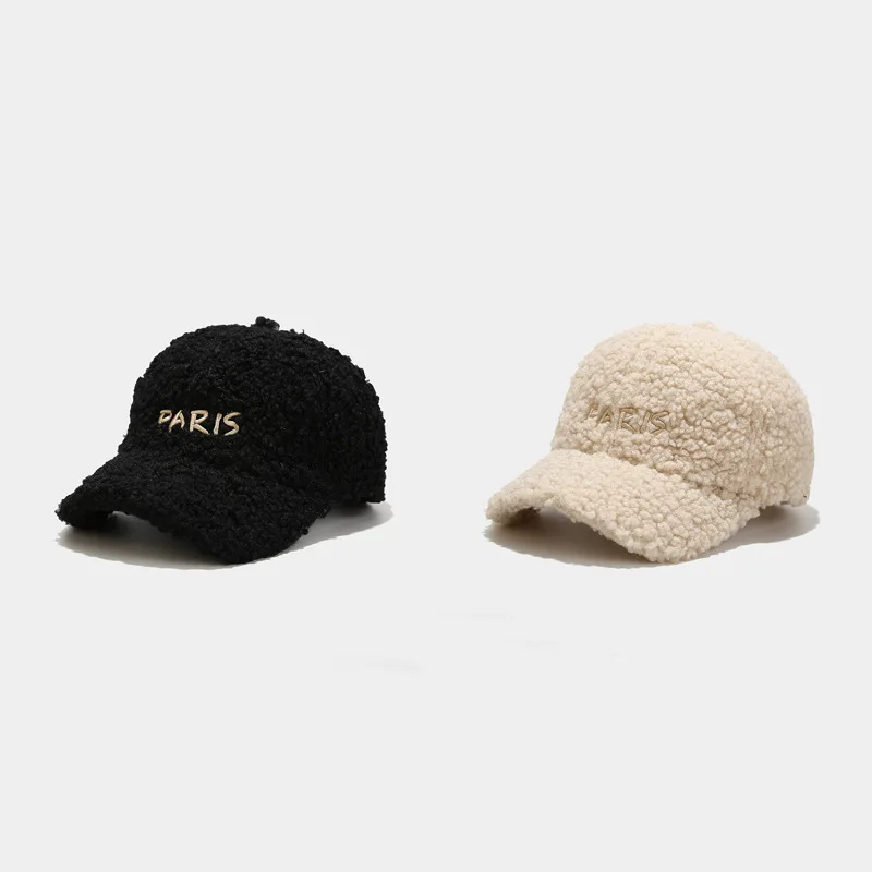 Winter Warm Sherpa Baseball Cap Paris Embroidery Plush Hat Snapback Cap