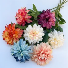 High Quality Single Dahlia Flower Bunch with Leaves Artificial Silk Dahlia Flower Blue for Wedding Home Floral Arrangement Props