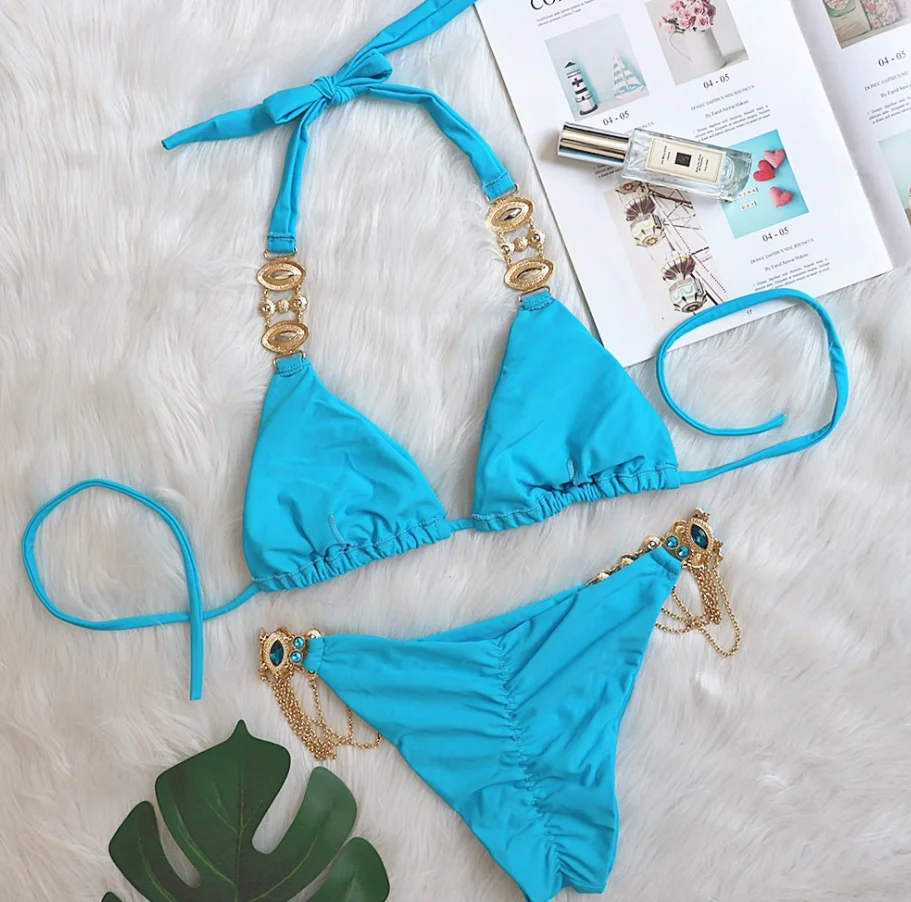 2021 Stock Jewel Swimwear Diamond Bikini Double Lined Fabric Seamless