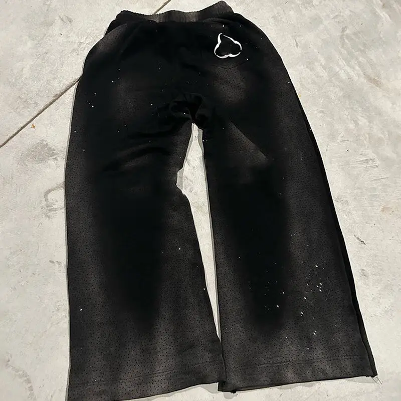 Salati Custom Manufacturer Trackpants 350 GSM Oversized Rhinestone Sun Faded Acid Washed Distressed Flared Baggy Sweatpants Men gallery 4