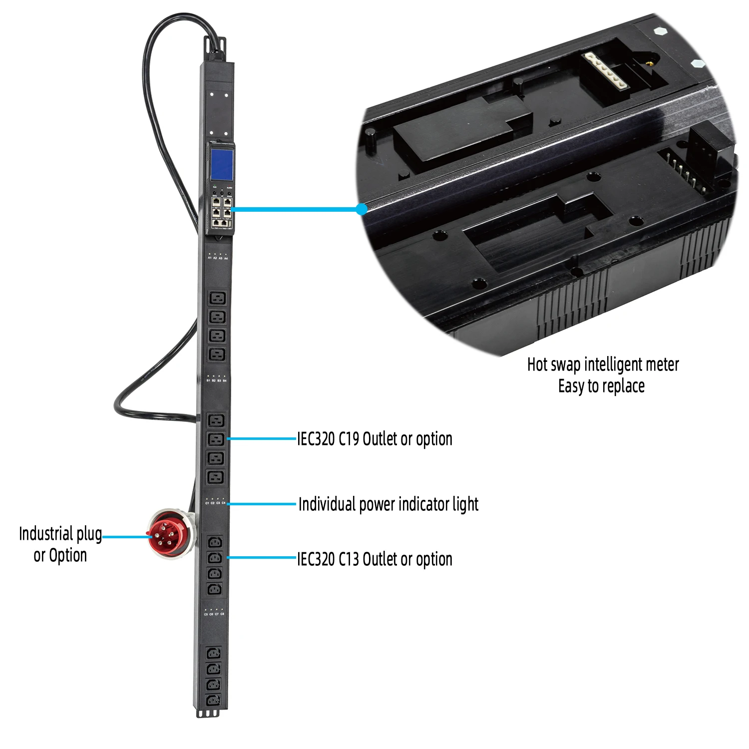 Zero U 220V 380V 63A Powerful Network Management IEC C13 & C19 Outlets Smart Hot Swap Meter PDU Sockets For Various Miners