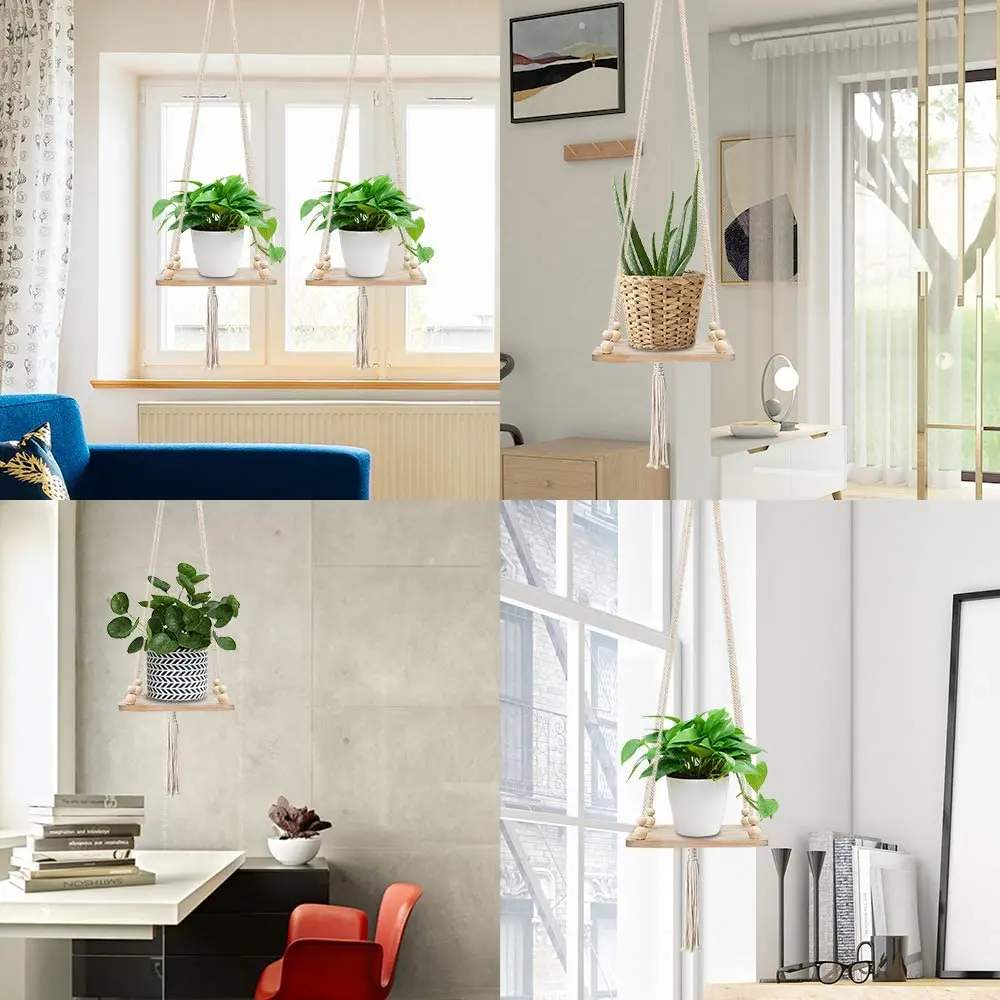 マクラメプラントハンガー シェルフ マクラメプラントハンガーウッドボード付きマクラメシェルフ