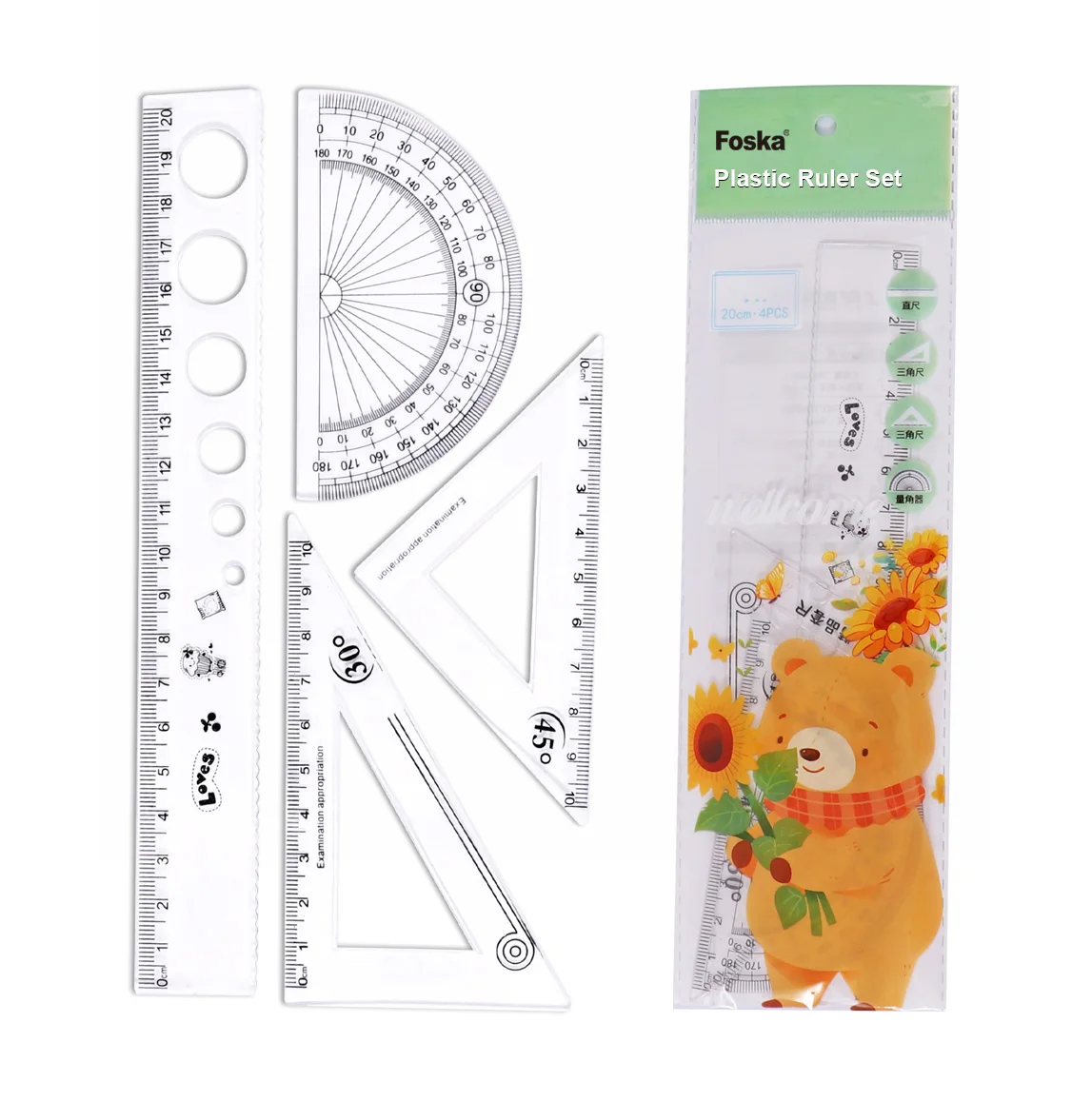 Foska 20cm ABS Translucent Plastic Scale Ruler Set