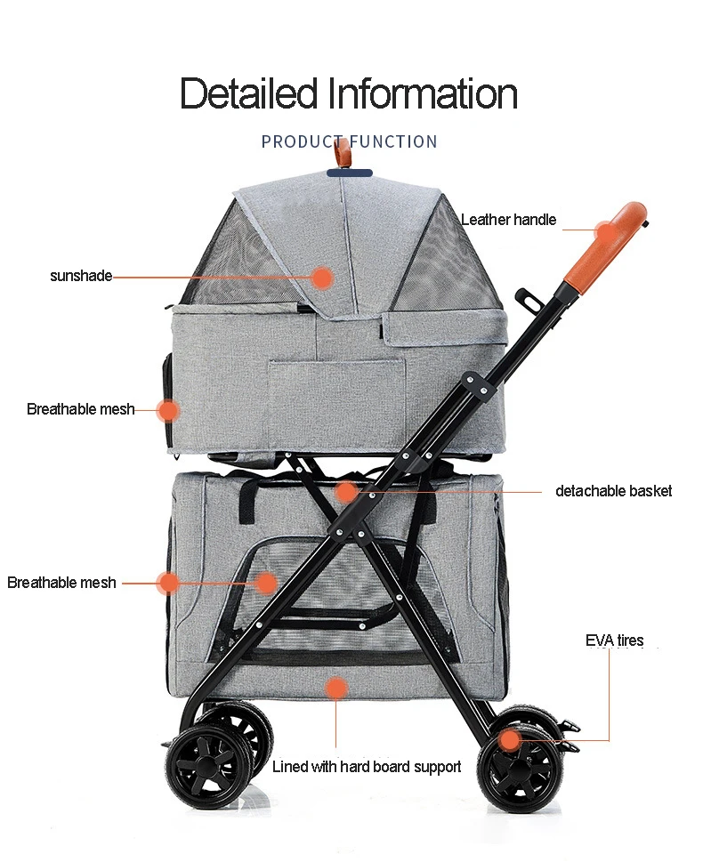 Double-layer Pet Stroller Pets Trolley Carrier Portable Foldable Four Wheeled Detachable Handbag For Dogs Cats