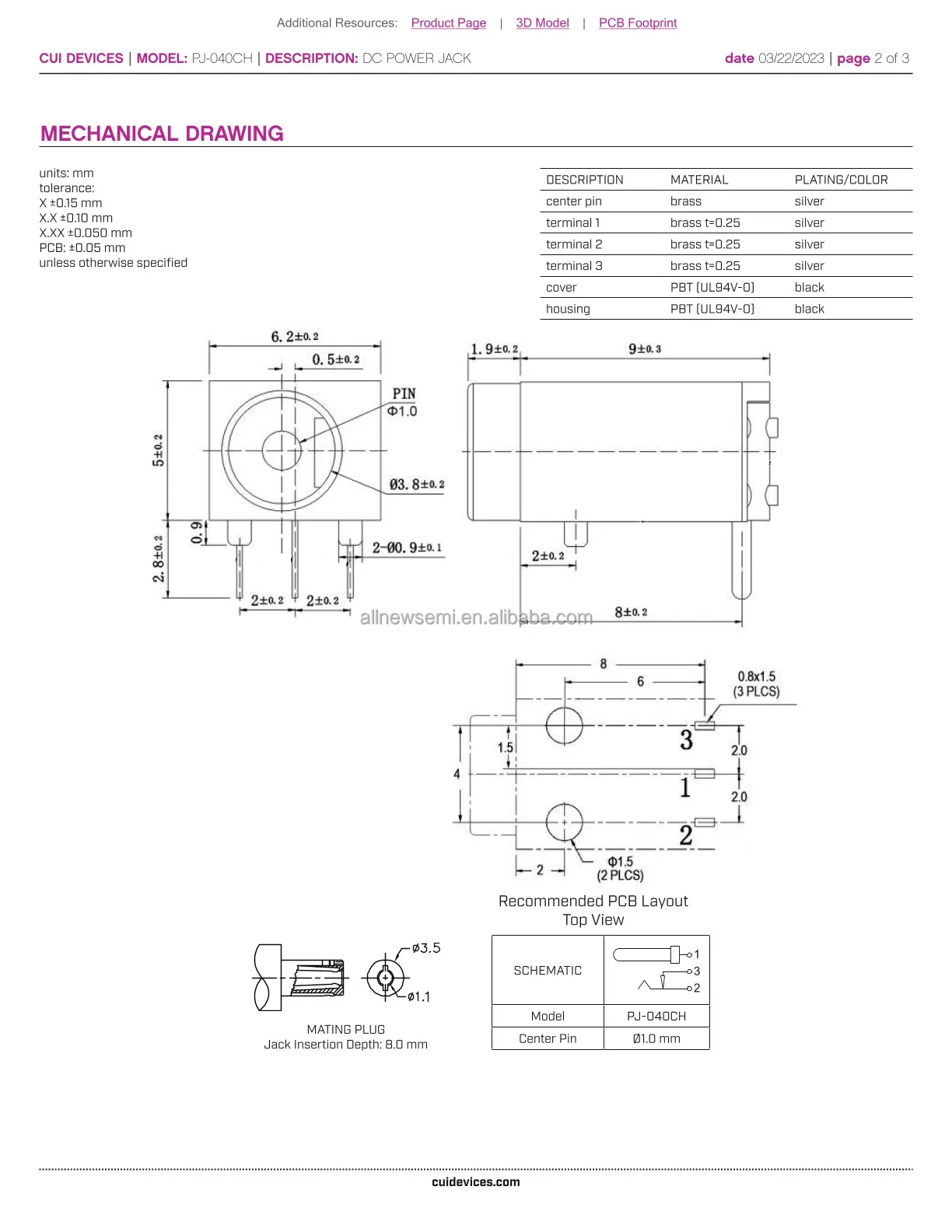 Hot sale Original PJ-040CH Power Barrel Connector Jack 1 mm 3.40mm OD Through Hole Right Angle Black Board Guide