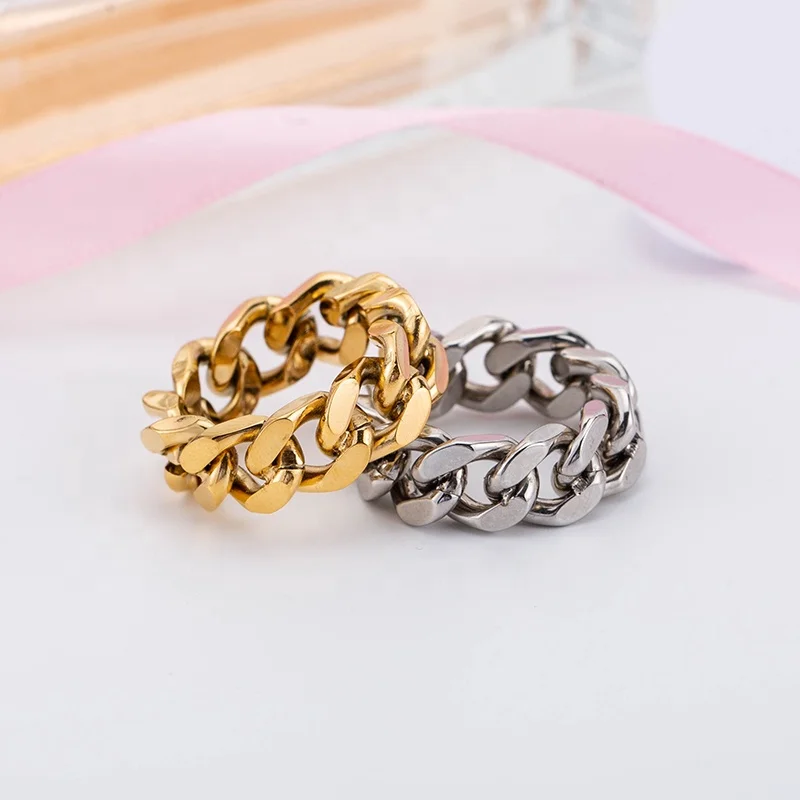 Power Simple Creative Stainless Steel Smooth Surface Cuban Chain Men Rings for Finger Decoration