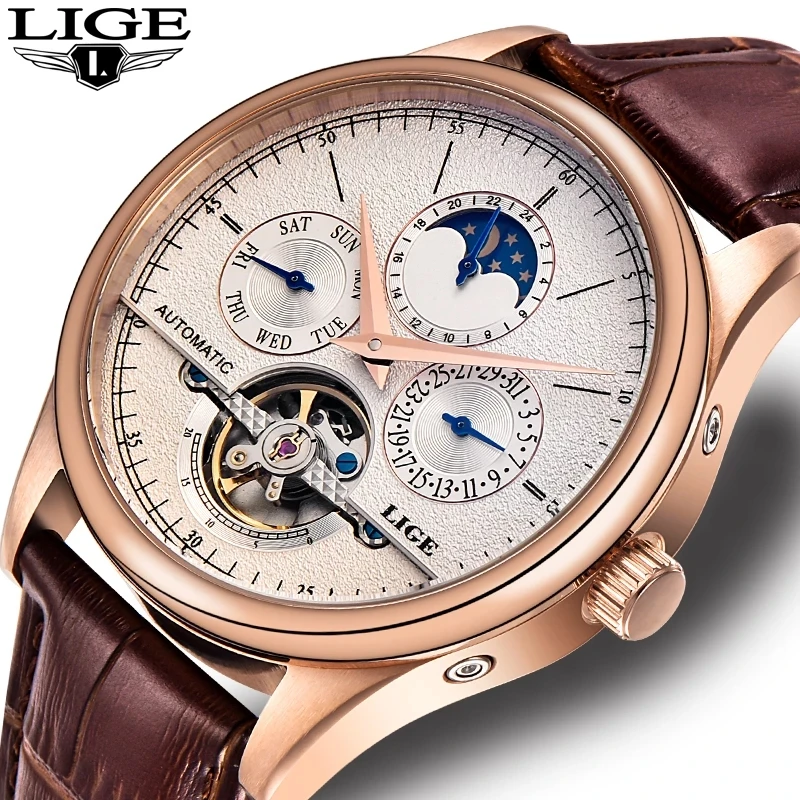 LIGE 6826 Automatic Tourbillon Skeleton Watch Men Calendar Relogio Masculino Drop Shipping  Mechanical Watch