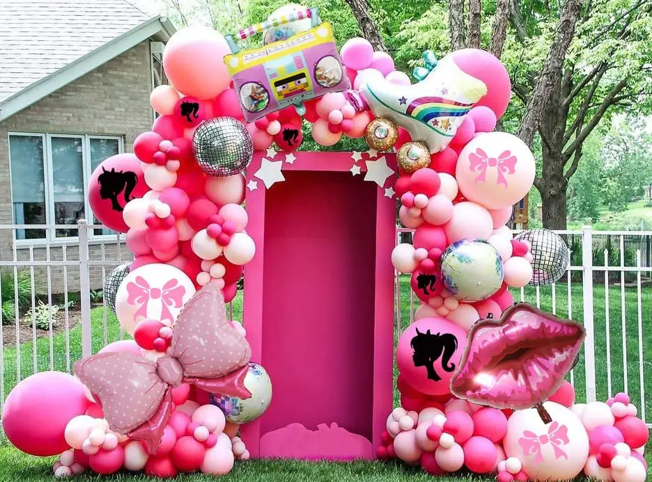 Hot Pink Princess Balloon Arch Kit – With Rose Red, Light Pink, White Balloons, Disco Balls & Crown