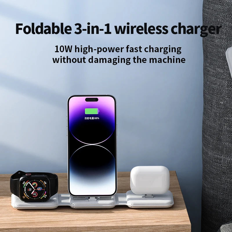 Folding 3-in-1 Wireless Charger Portable Slim Charging Pad Multi-Devices Charging Station for Cellphone Watch Earphones