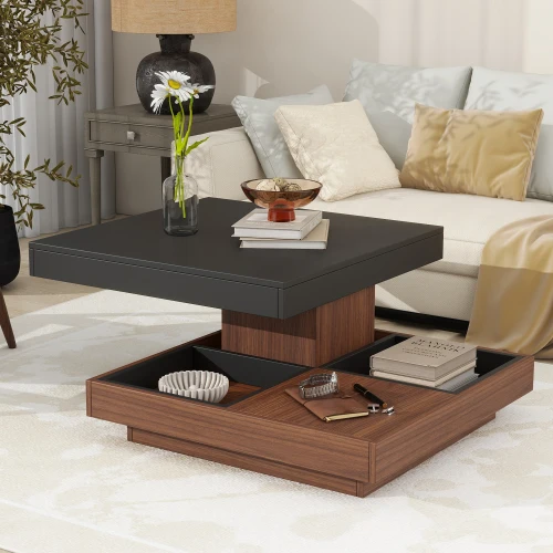 Modern square 360 Rotating Coffee Table with Three Detachable Trays, 2-story Wooden Center Table and Living Room Storage Space.