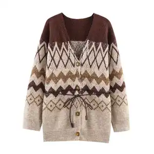 Cross-border European American Foreign Trade Women's Explosions Autumn Retro Joker Jacquard Belt Knitted Shirt/Blouse Long