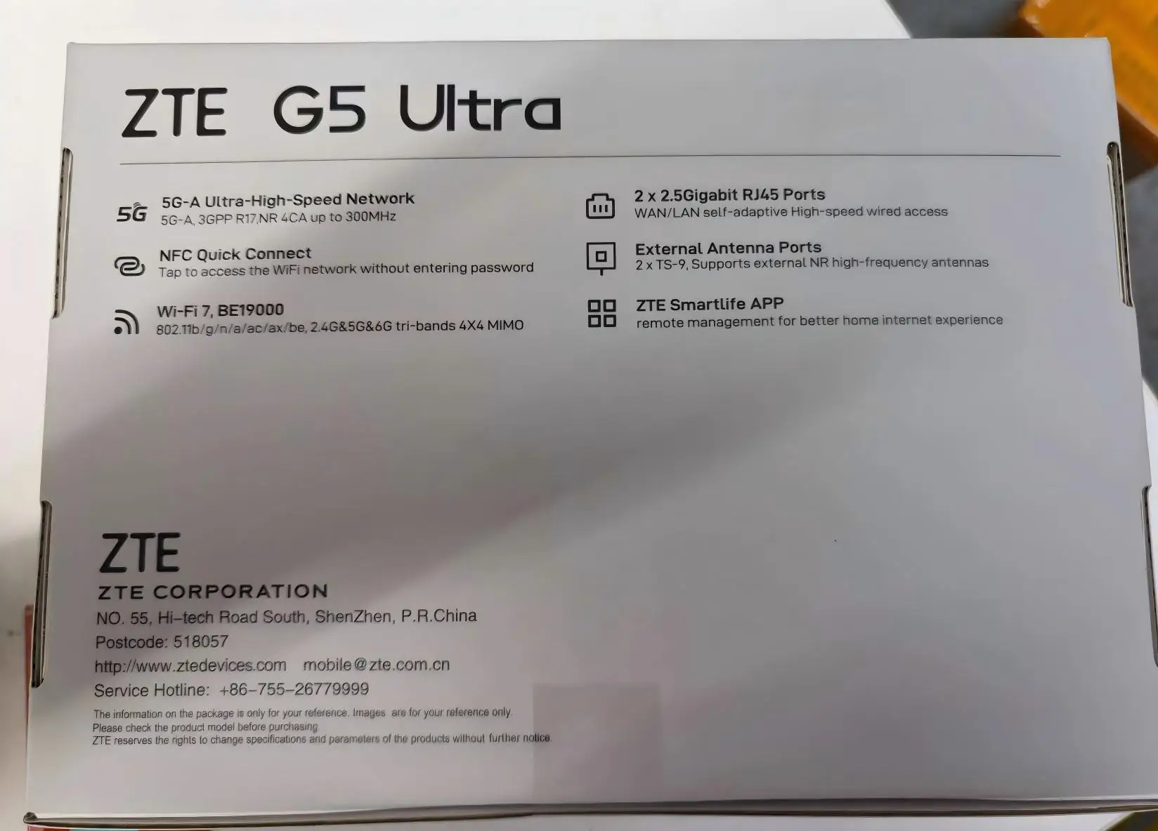 ZTE G5 Ultra Router - 5G AI FWA Indoor CPE Wifi 7 BE19000