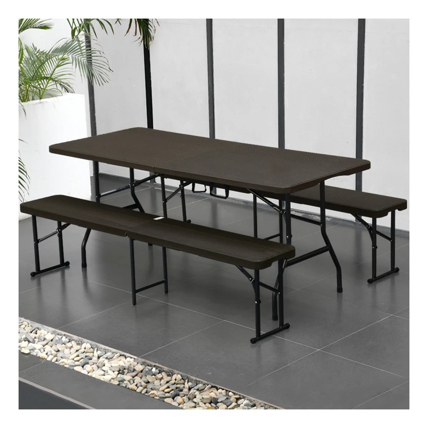 Simple Rattan Pattern Plastic Desk and Beer Bench Folding Table and Chair 180cm Plastic Folding in Half Table and Bench Set