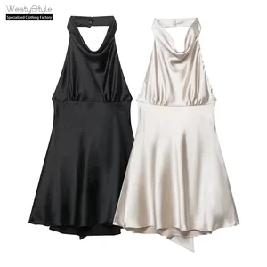 Women's Breathable Eco-Friendly XS Mini Dress Vintage Woven Sexy Backless Halter Neck Solid Pattern Natural Waist A-Line Day