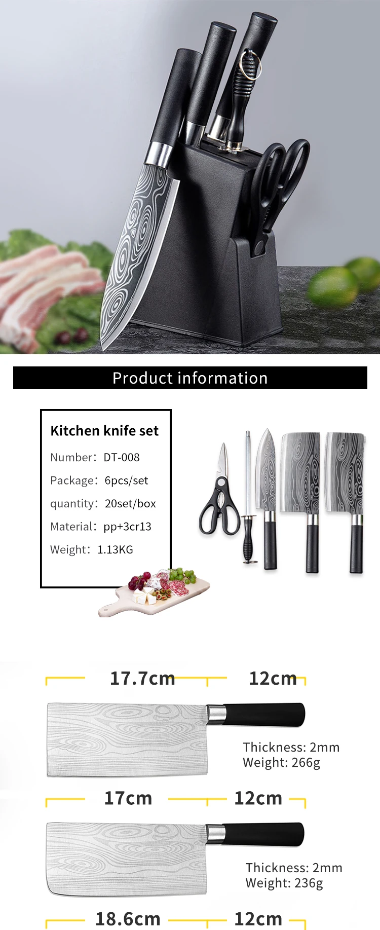 6pcs Stainless Steel Kitchen Knives Set Chef Knife Slicing Meat Cleaver Fruit Knife Ceramic Peeler