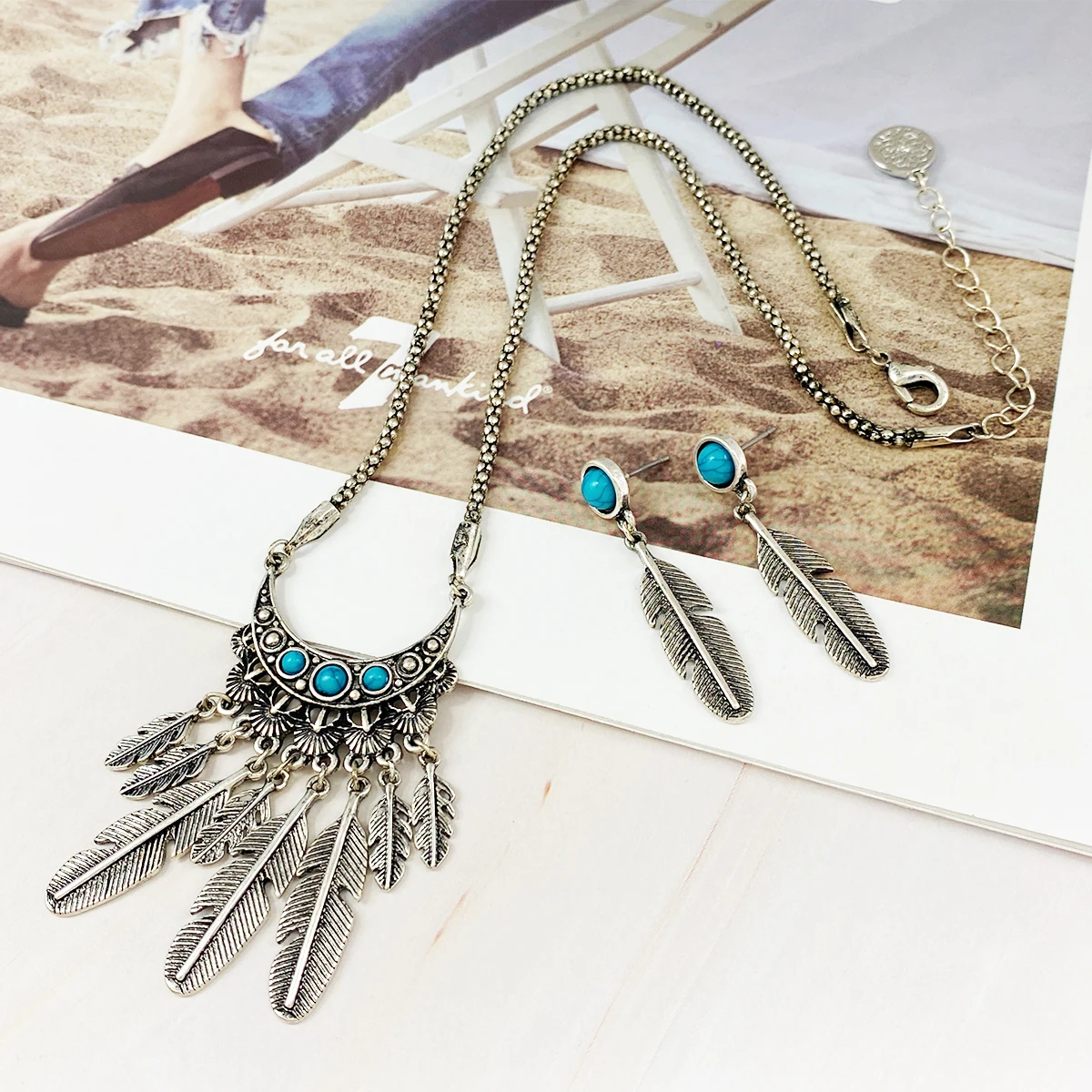 product factory jewelry wholesale retro leaf stone drop silver plated pendant necklace earrings jewelry set for women-2