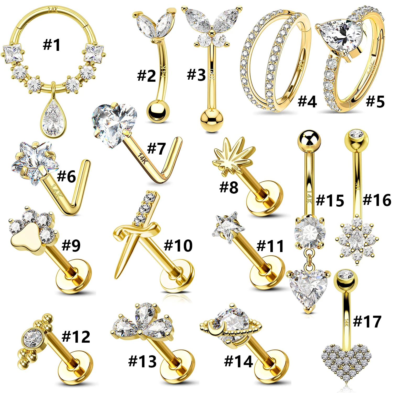 14k Solid Gold Top Push In Threadless Flat Back Stud Cartilage Earring