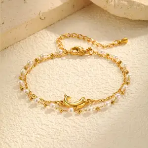 Summer Adjustable Gold Color Women's Ocean Style Stacked Bracelet Dolphin Pendant Double Layer Pearl Jewelry Bracelet