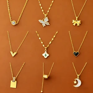 MW High Quality 18 k PVD Gold Plated Women's Jewelry Tranish Free Butterfly Bow Heart Moon Stainless Steel Necklace Jewelries
