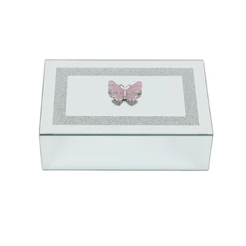 In Stock !!! Wholesale !!! Silver Glitter Home Decorate Wedding Gift Crystal Mirror Glass Jewelry Box With Butterfly