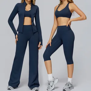 Bnice 3127 Custom Logo Women Gym Fitness Set High Waist Flare Leggings for Yoga Sports Cropped Pants Zipper Jacket Activewear