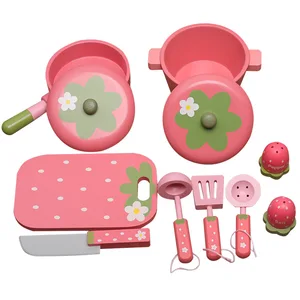 Fresh Designs Children's Pink-themed Strawberry Wooden Cooking Pots Set  Juguetes Pretend-play Kitchen Toys for Kids Boys Girls