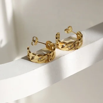New Trendy C Shape Hollow Chain Hoop Earrings 316L Stainless Steel 18K Gold Plated Cuban Chain Link Earrings