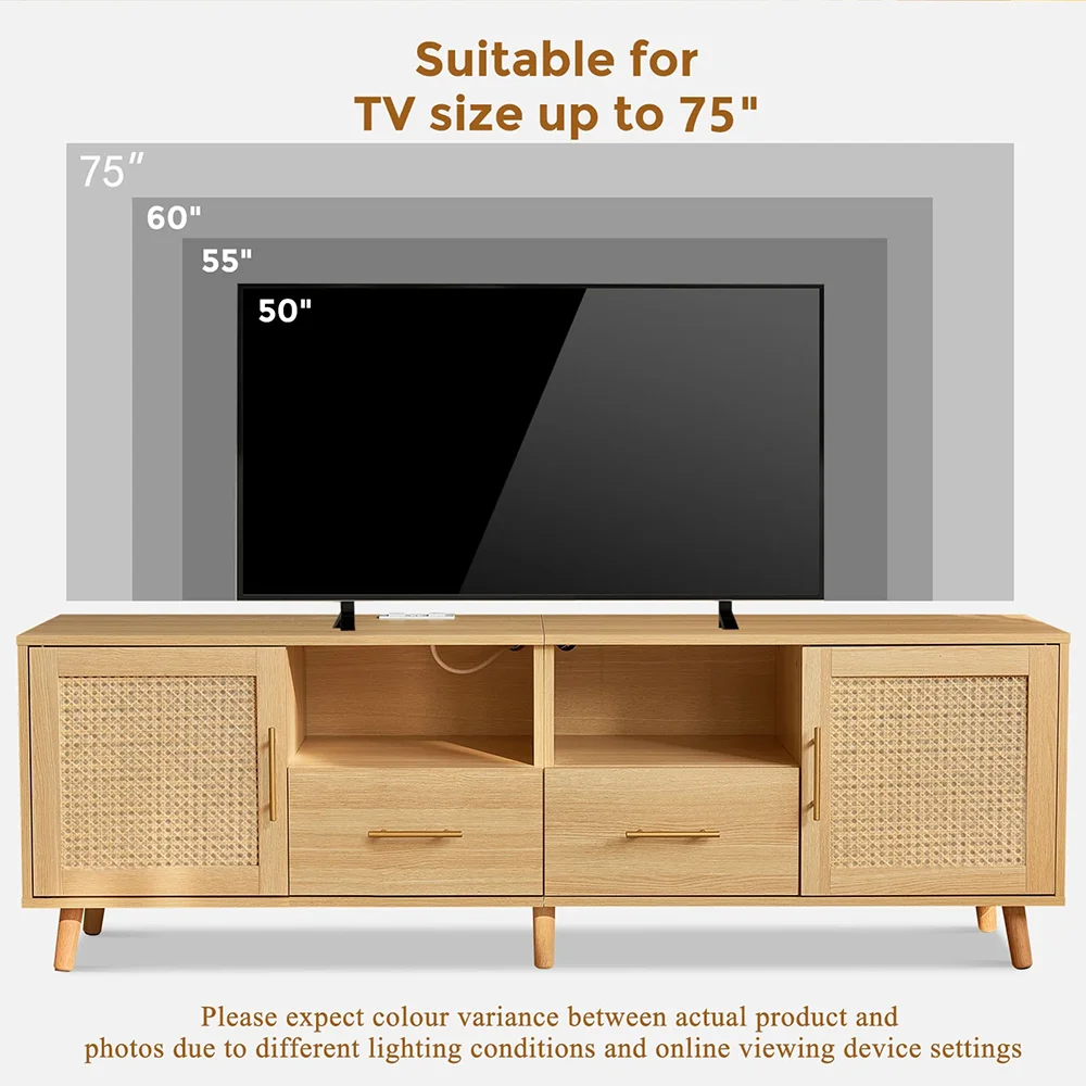 Large Modern MDF TV Stand 75\" LED Light Charging Station Coastal Media Console Rattan Door Multimedia Storage Furniture 2 manufacture
